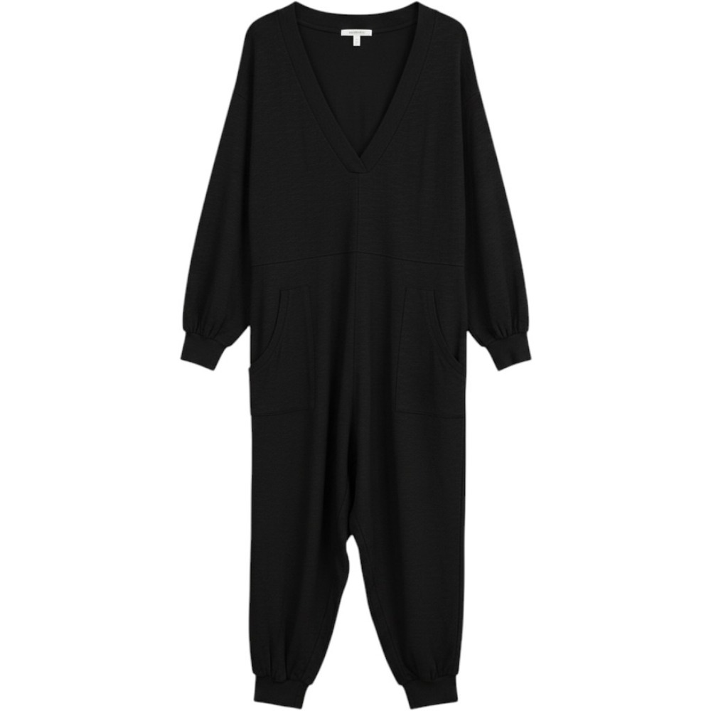 Natural Life Johnnie Jumpsuit Size S Black Cotton Slub V-Neck Long Sleeve Pocket